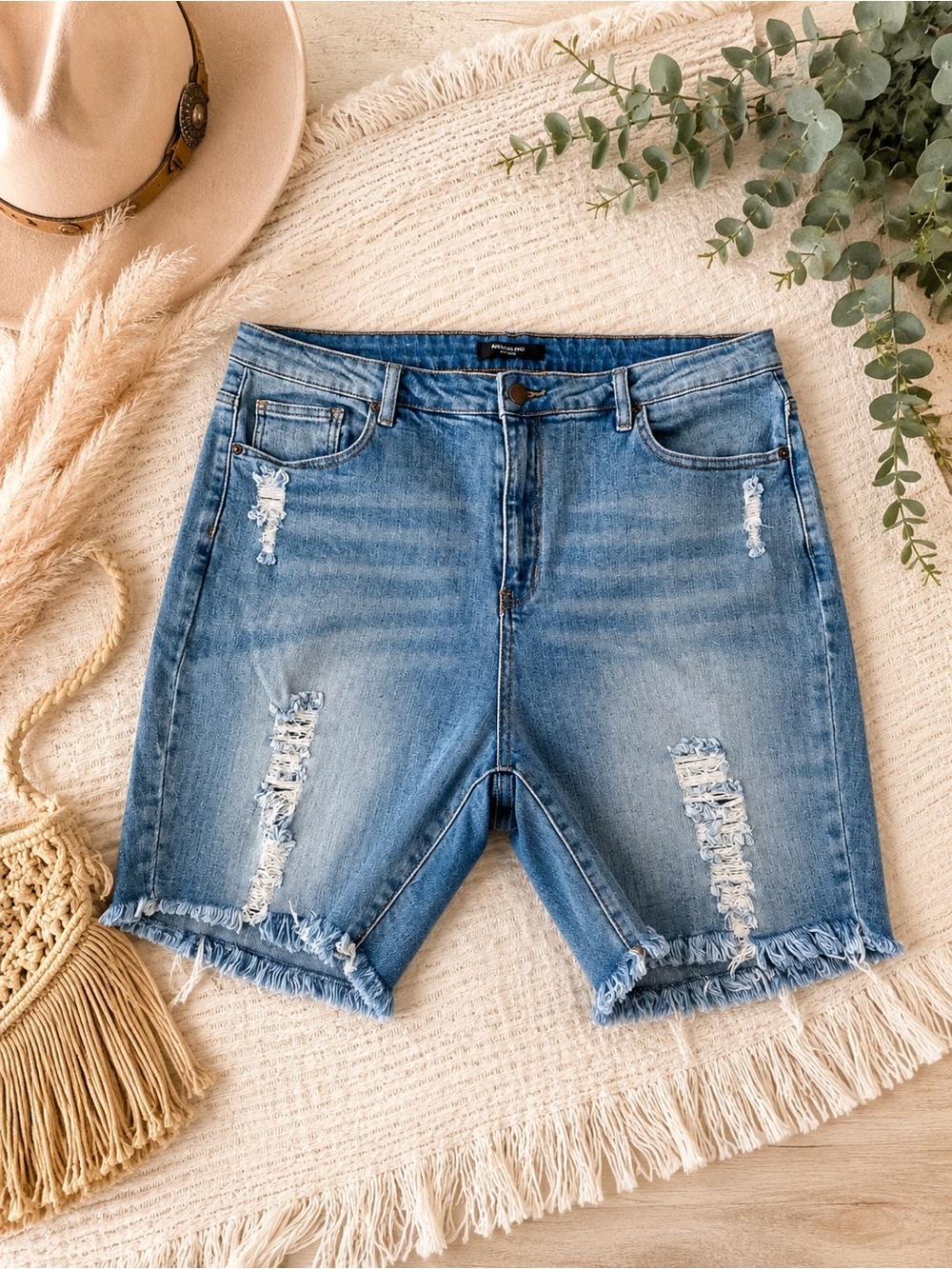 American Bazi Light Blue Distressed Denim Bermuda Shorts